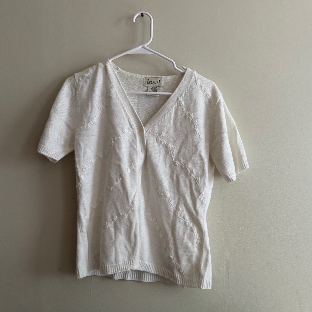 Vintage Epogee Women's M Ivory Knit Short Sleeve Floral Grandmacore Cottagecore